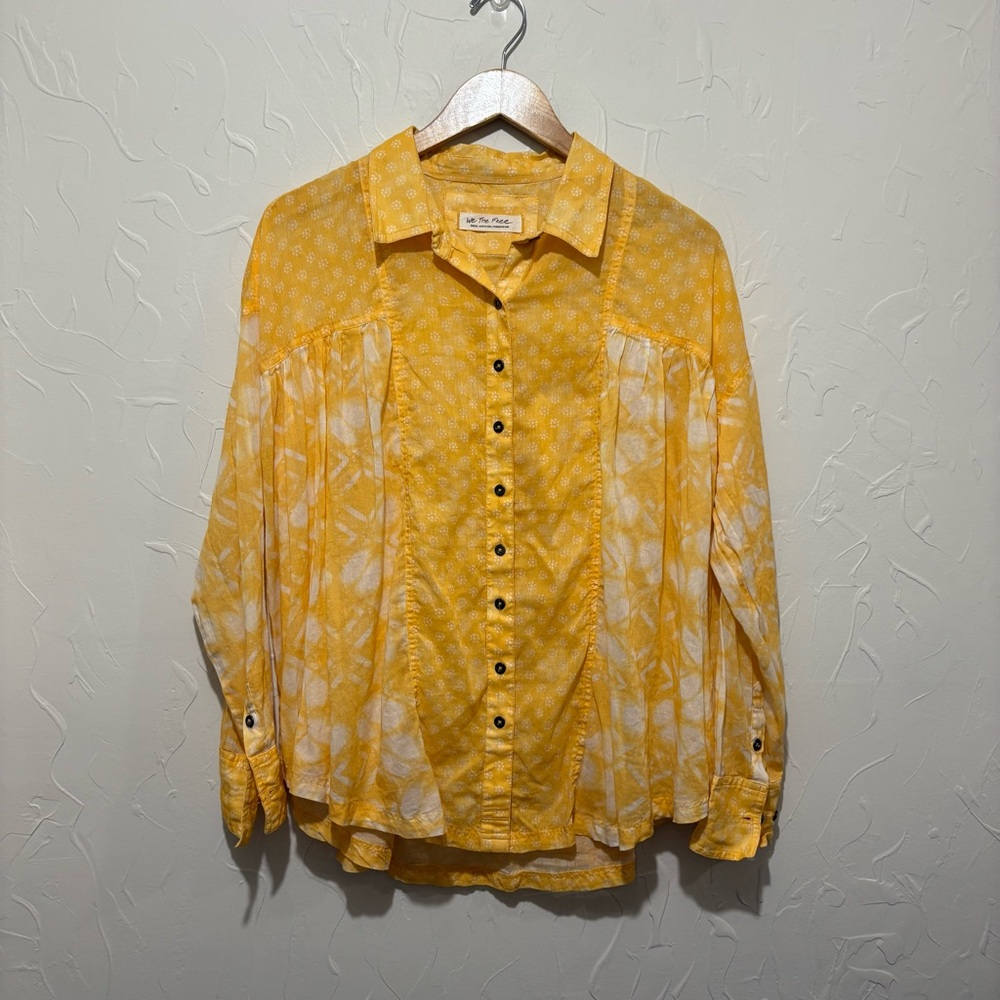 We the Free yellow floral print oversized full button-front shirt (small)